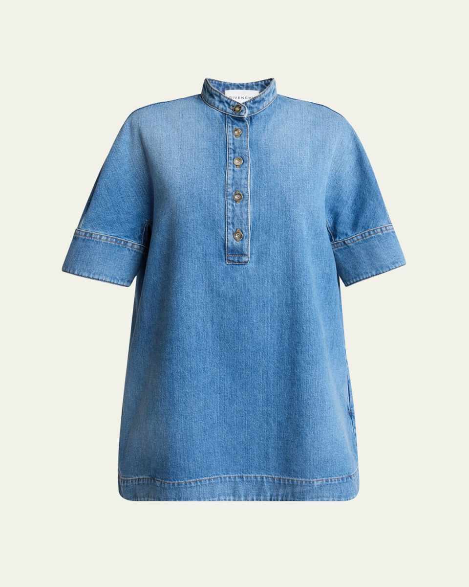 Short-Sleeve Denim A-Line Mini Dress